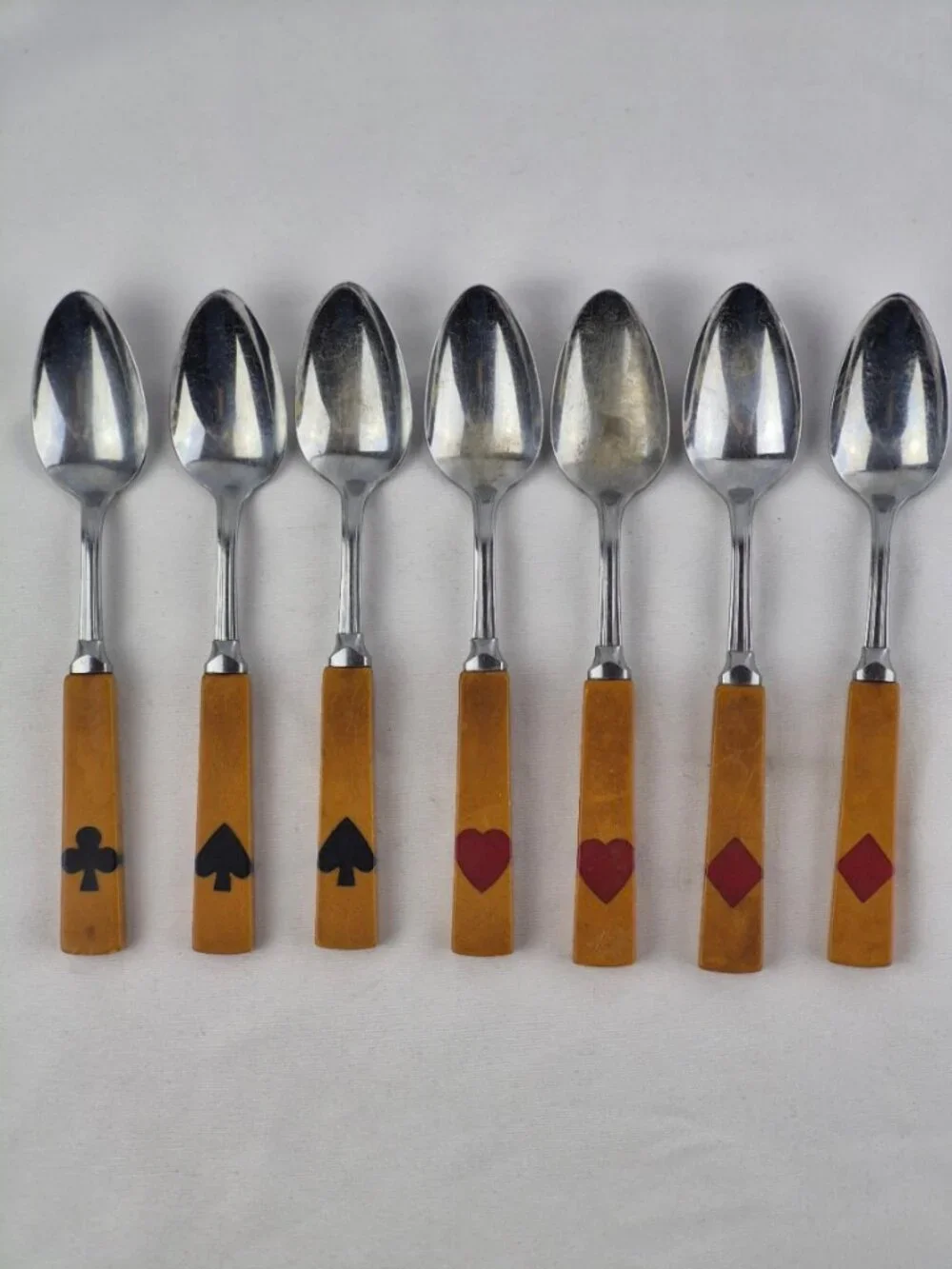 Art Deco Bakelite Flatware Inlaid Playing Card Suits 3 forks, 7 knives 7 spoons
